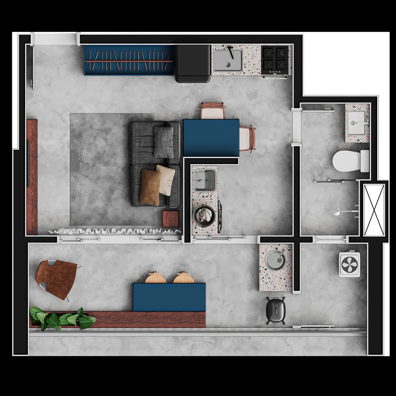 Planta humanizada da opção Studio do 29 Três Meia.